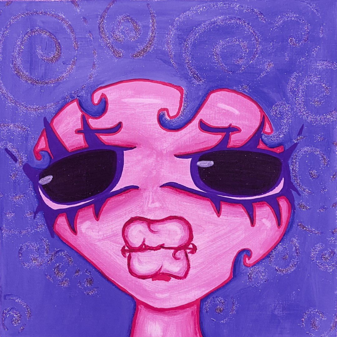 Pinkfarbenes Cartoon-Gesicht mit schwarzer Sonnenbrille vor violettem Spiralhintergrund in Acryl
