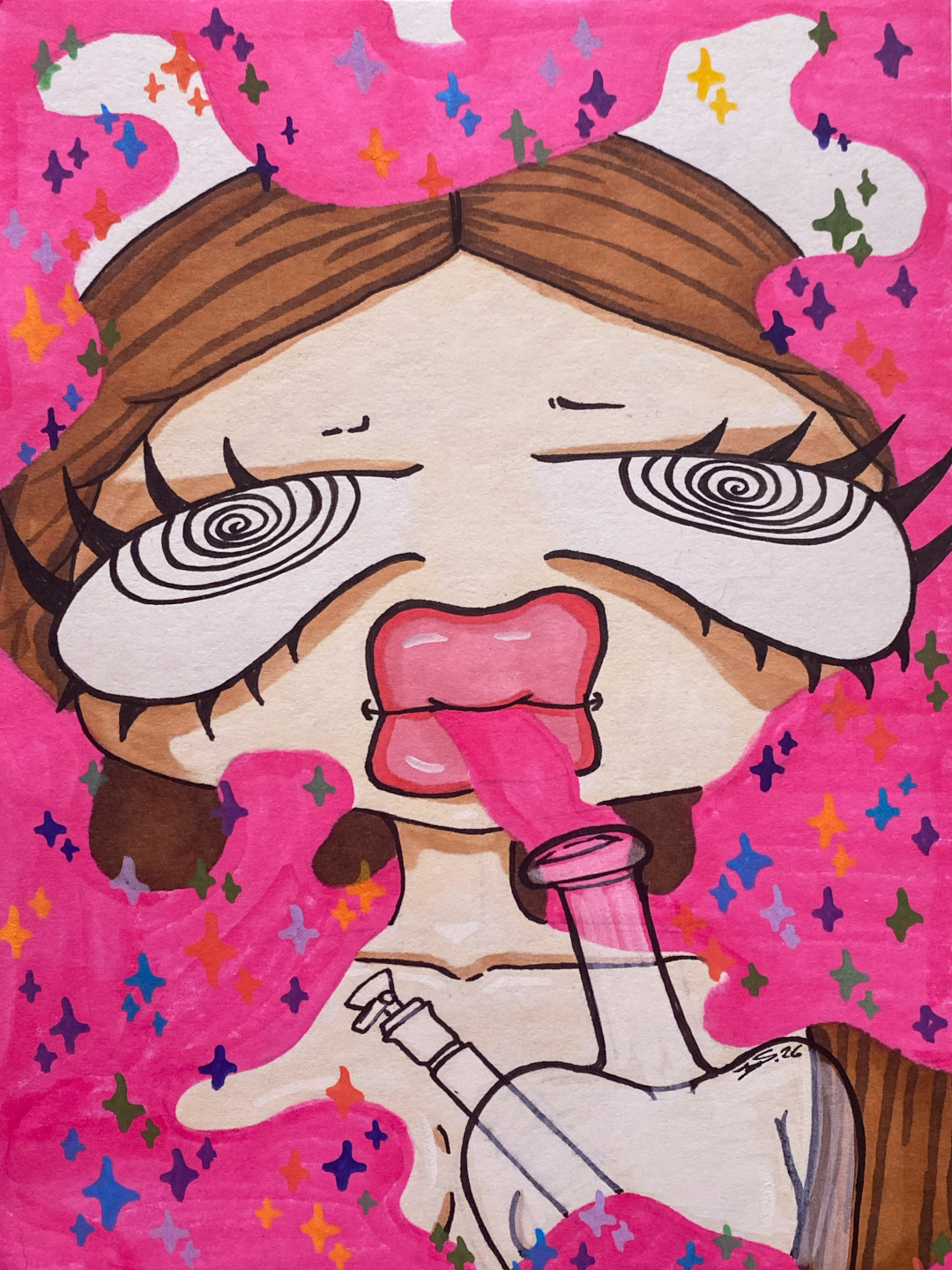 Figur mit Spiralaugen und Glasstück, knallrosa Hintergrund voller bunter Funkelsterne, Marker-Illustration