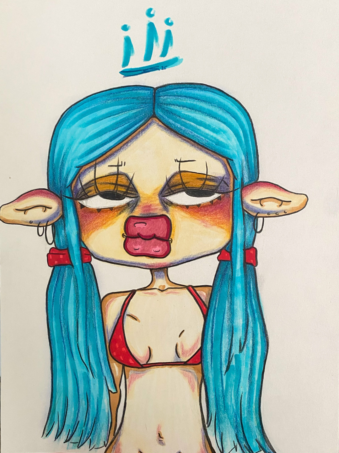 Comichafte Figur mit türkisem Haar, spitzen Elbenohren und rotem Bikini-Oberteil in Buntstifttechnik