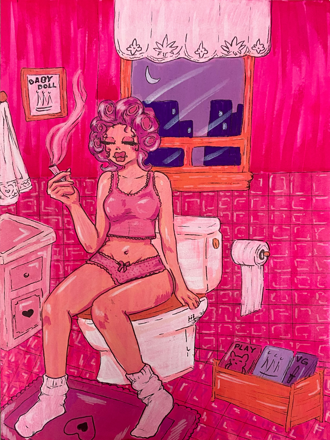 Illustration in Magenta: Frau mit Lockenwicklern sitzt rauchend auf Toilette, Mond im Fenster