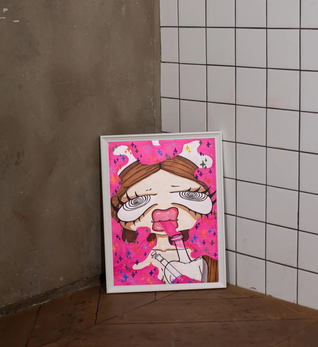 Gerahmtes Marker-Artwork mit spiralförmigen Augen, Rauch und knallrosa Funkelgrund